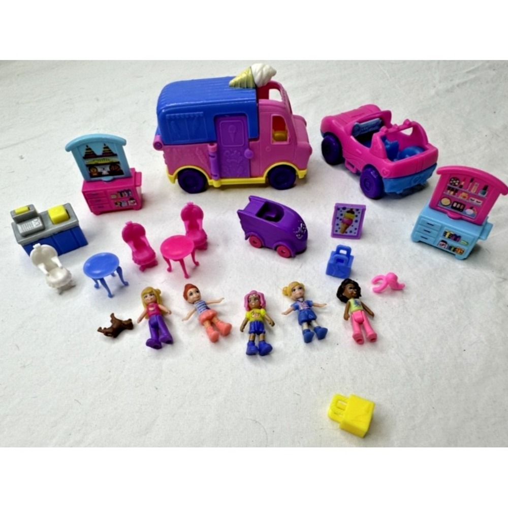 polly pocket mall 5 Dolls car ice cream truck dog register shopping bag